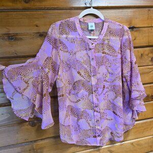 CAbi Sheer Minx Leopard Button Front 3/4 Flutter Sleeve Blouse Top Purple Size M